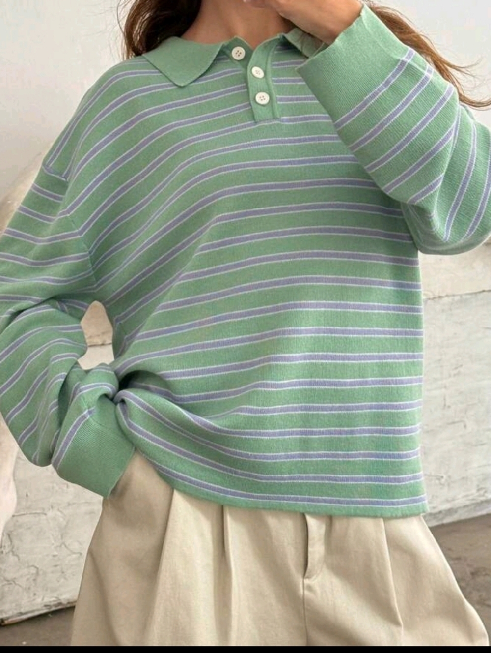 Mint Green & Lavender Striped Polo Sweater